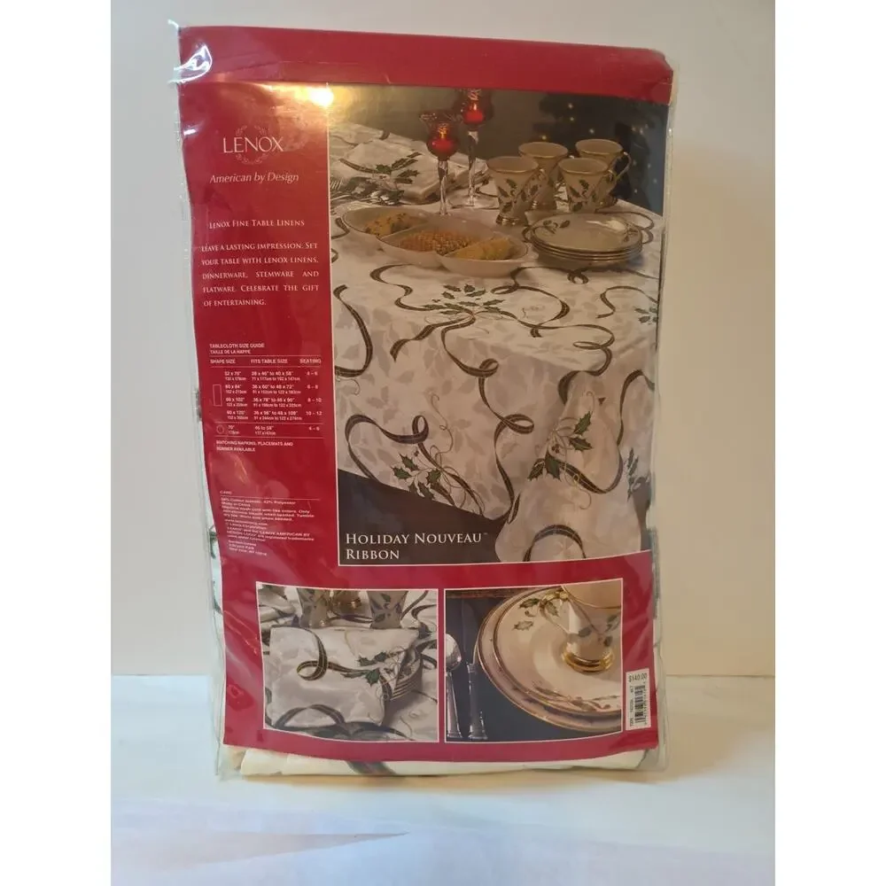 LENOX HOLIDAY NOUVEAU Red Green Ivory CHRISTMAS Holly Ribbon TABLECLOTH 60X140